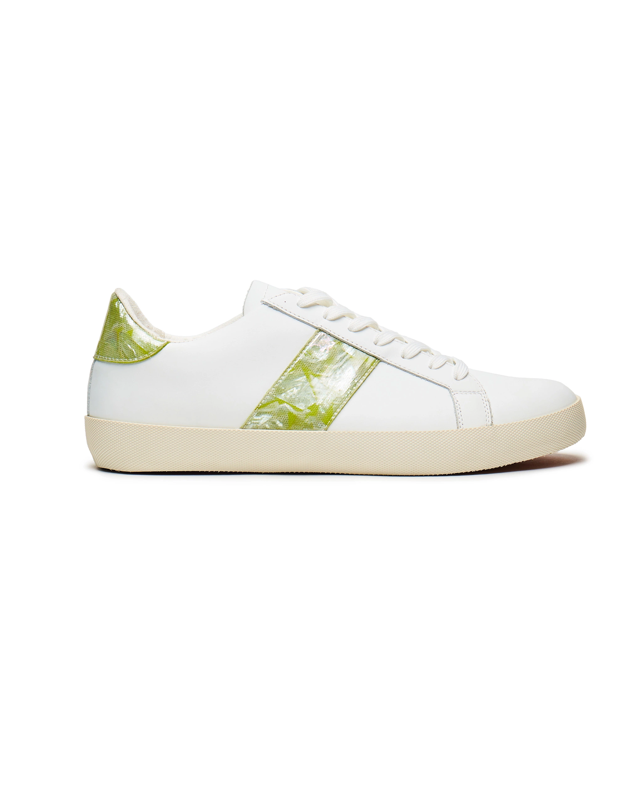 a white and green mother of pearl shoe