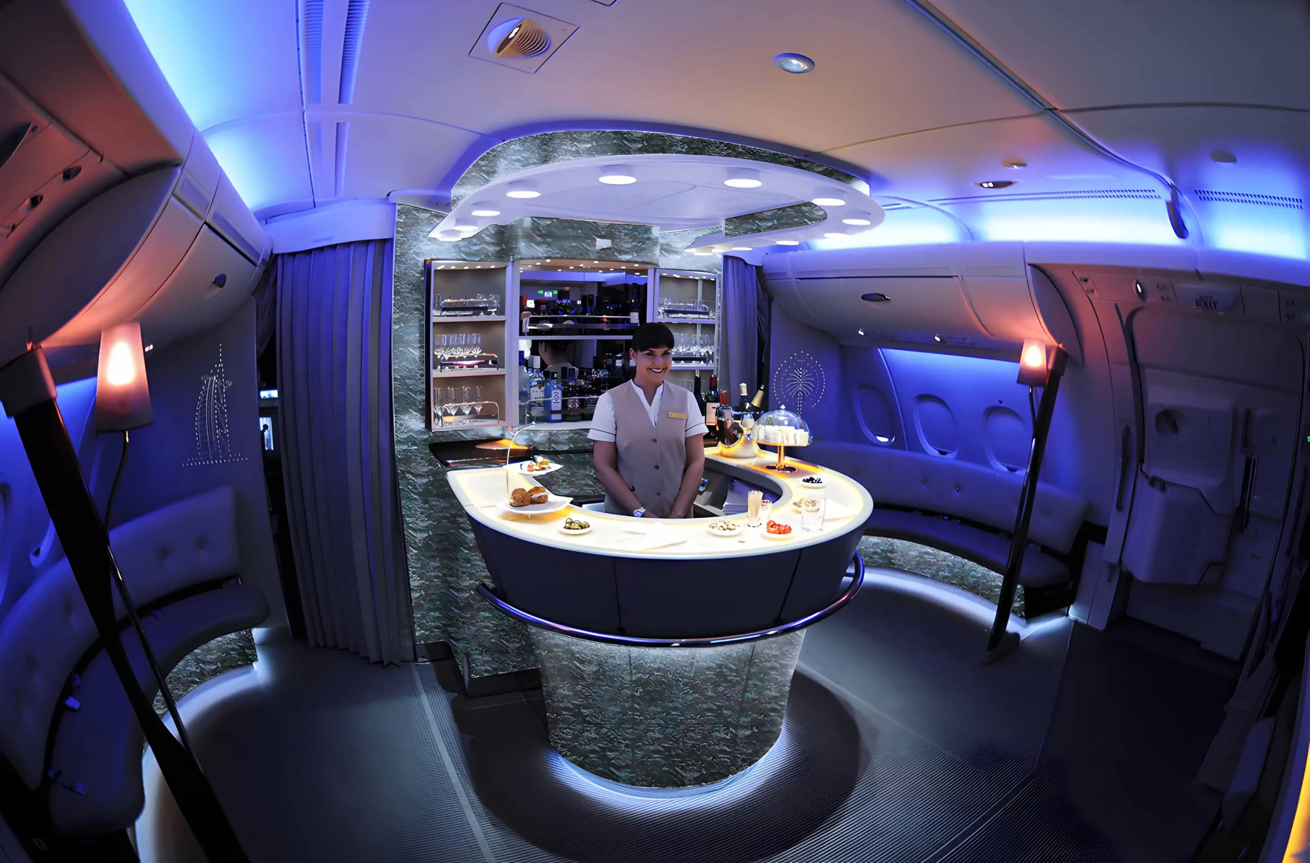 a person standing behind a bar on private jet mother of pearls