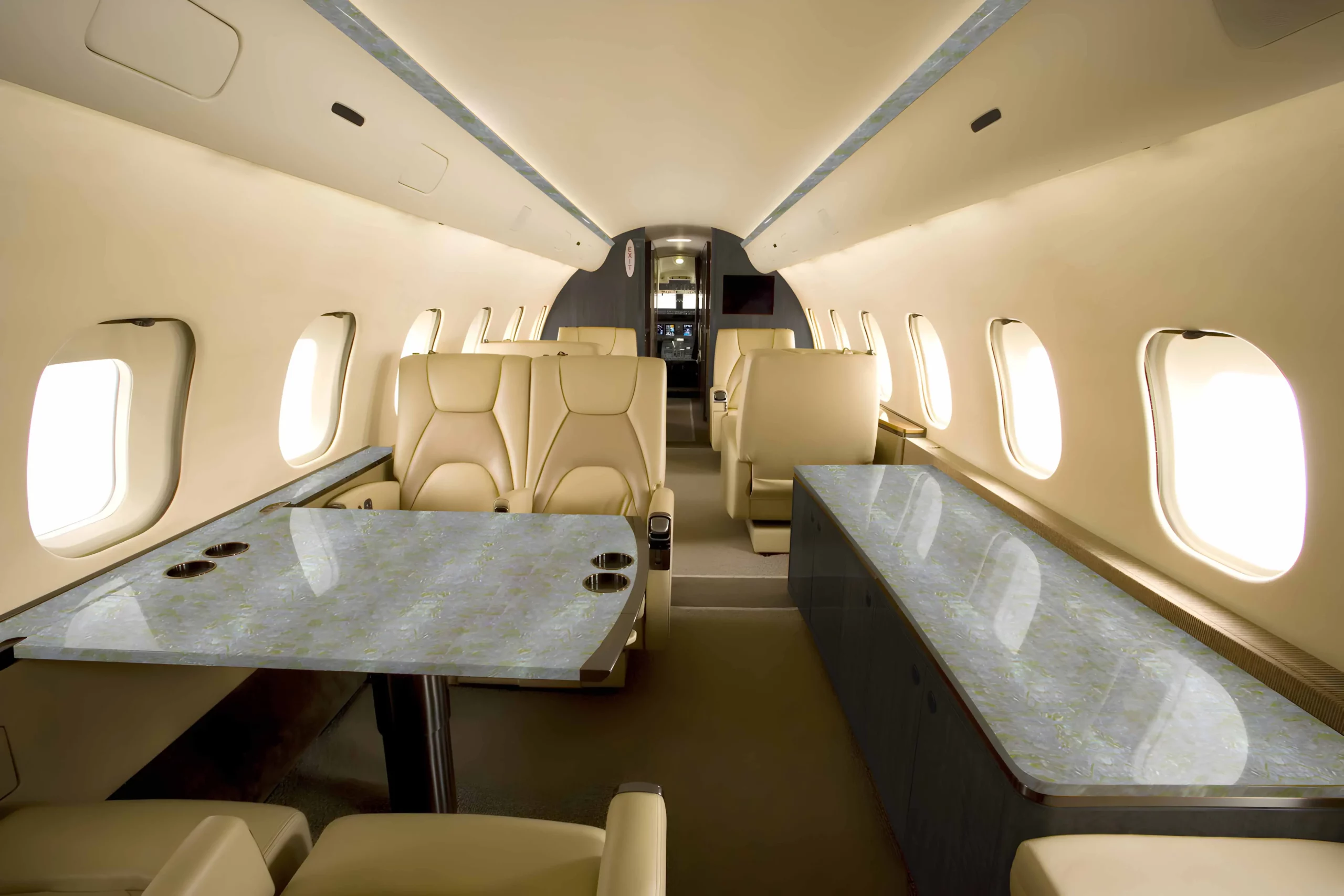 the inside of an private jet surface of mother of pearls