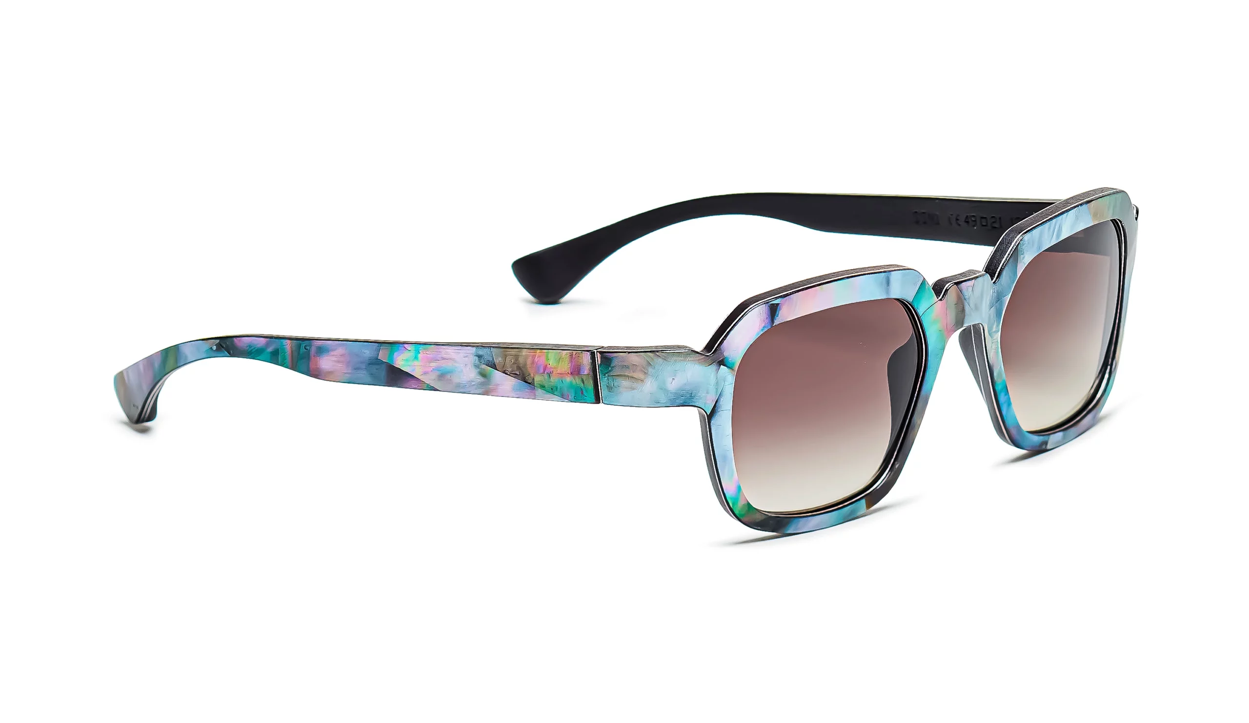 a pair of mother of pearl sunglasses with a colorful frame