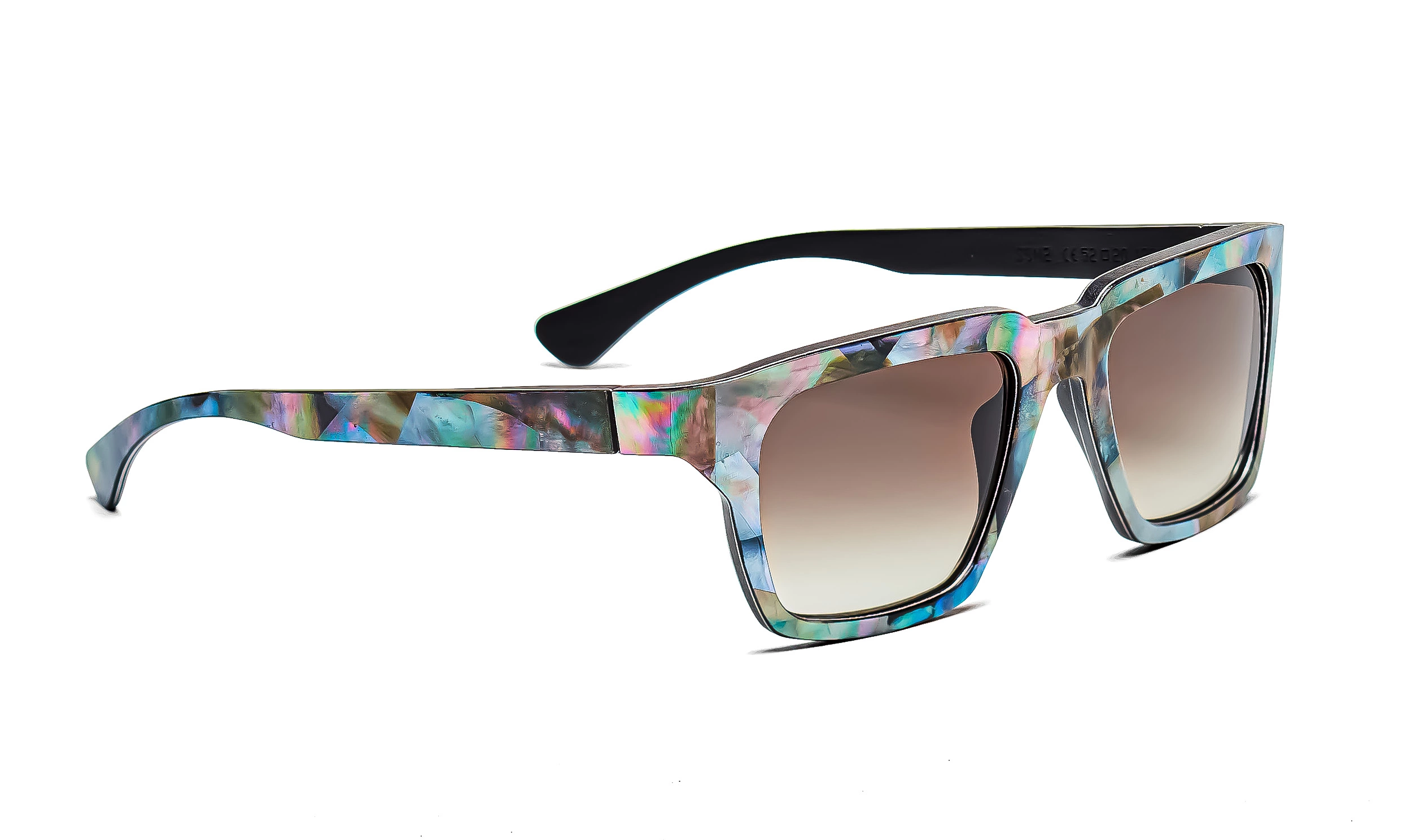 a pair of mother of pearl sunglasses with a colorful frame