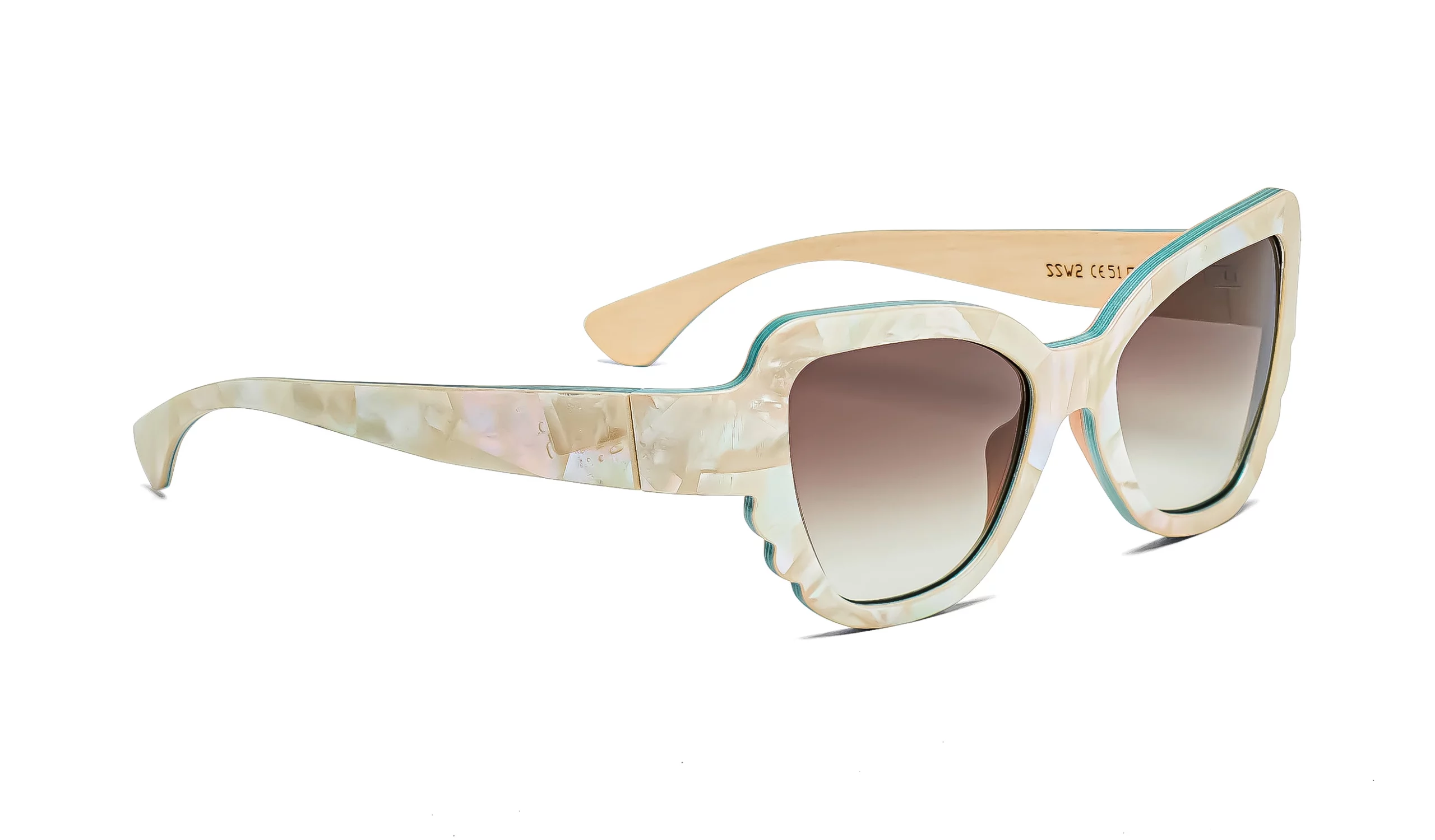 a pair of mother of pearl sunglasses with a wooden frame