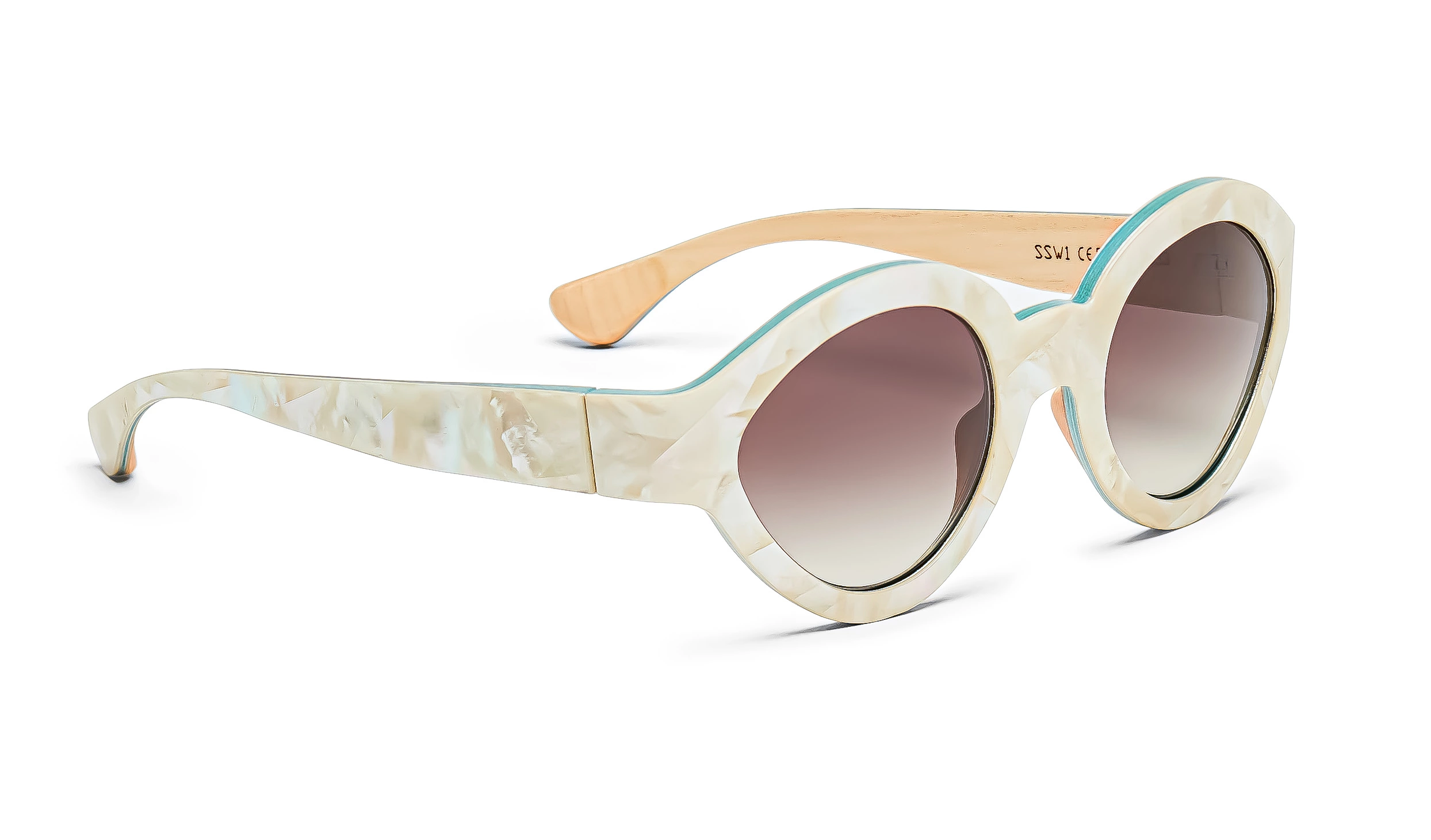 a pair of mother of pearl sunglasses with a wooden frame