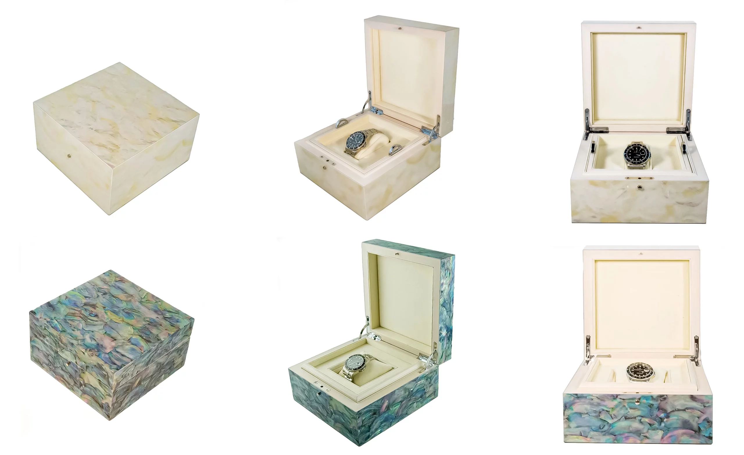 a collection of watch boxes with different designs with mother of pearl