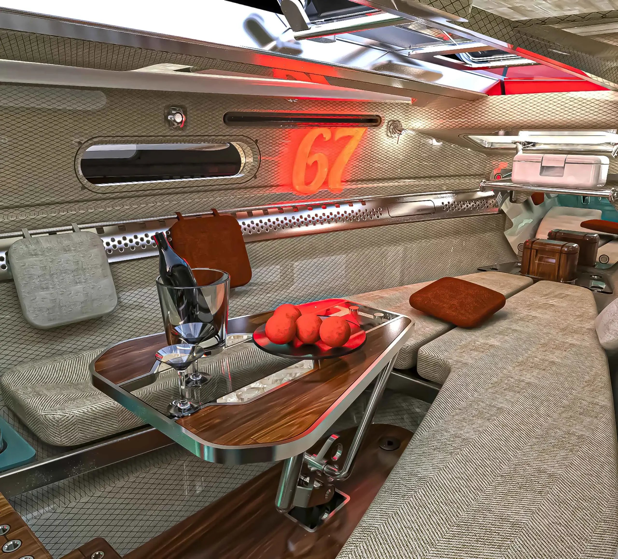 a table with food on it on luxury yatch 3d model