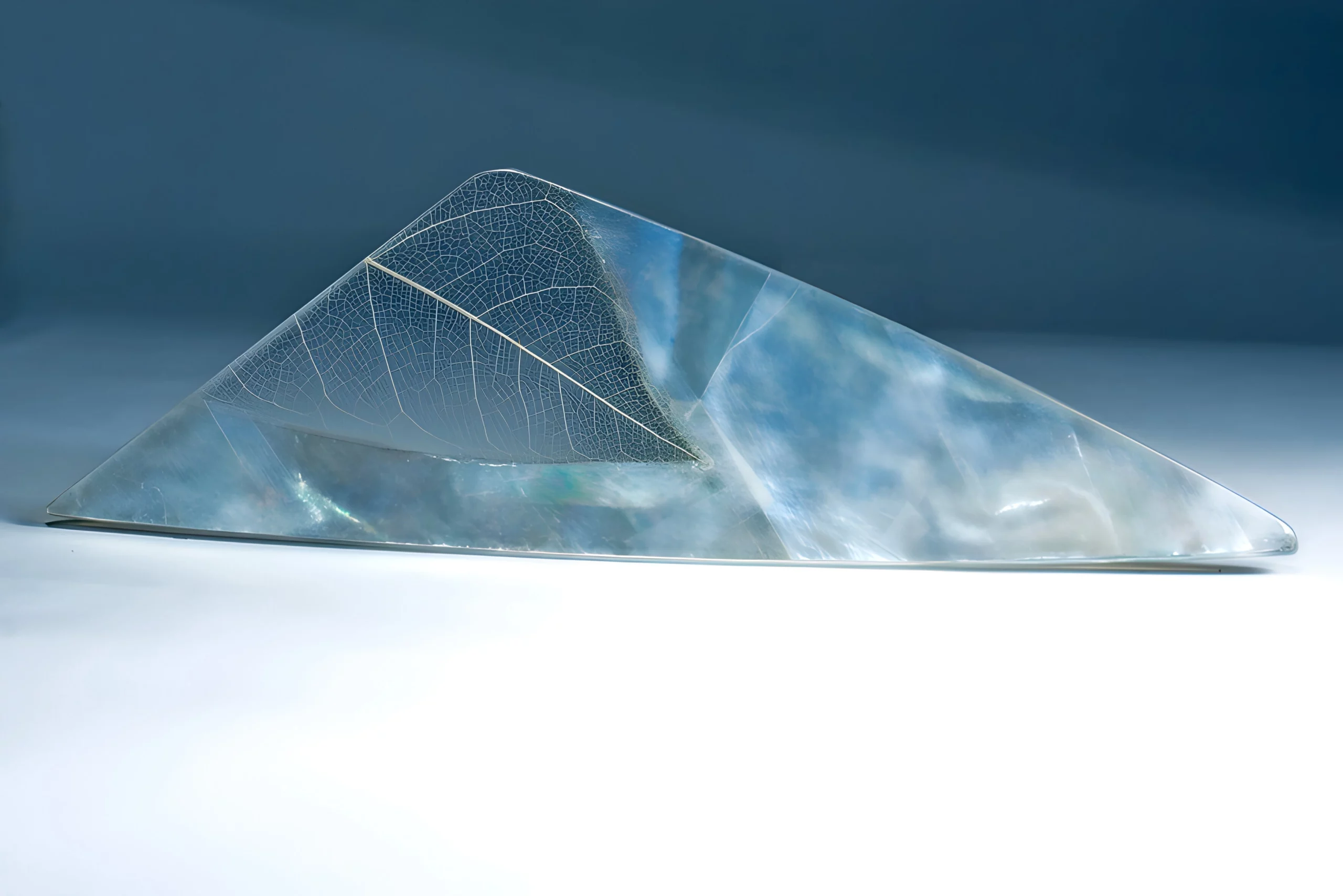 a clear triangular object with a leaf inside mother of pearl
